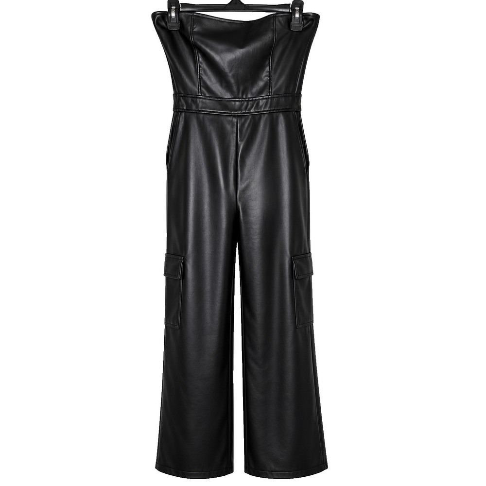 Blashe Faux Leather Strapless Jumpsuit Black Cargo Wide Leg Womens M